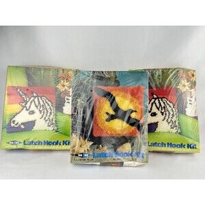Lot Of 3 NOS M H MH Latch Hook 12x12 Kits - Rainbow Unicorn - Sea Gull - Sealed!